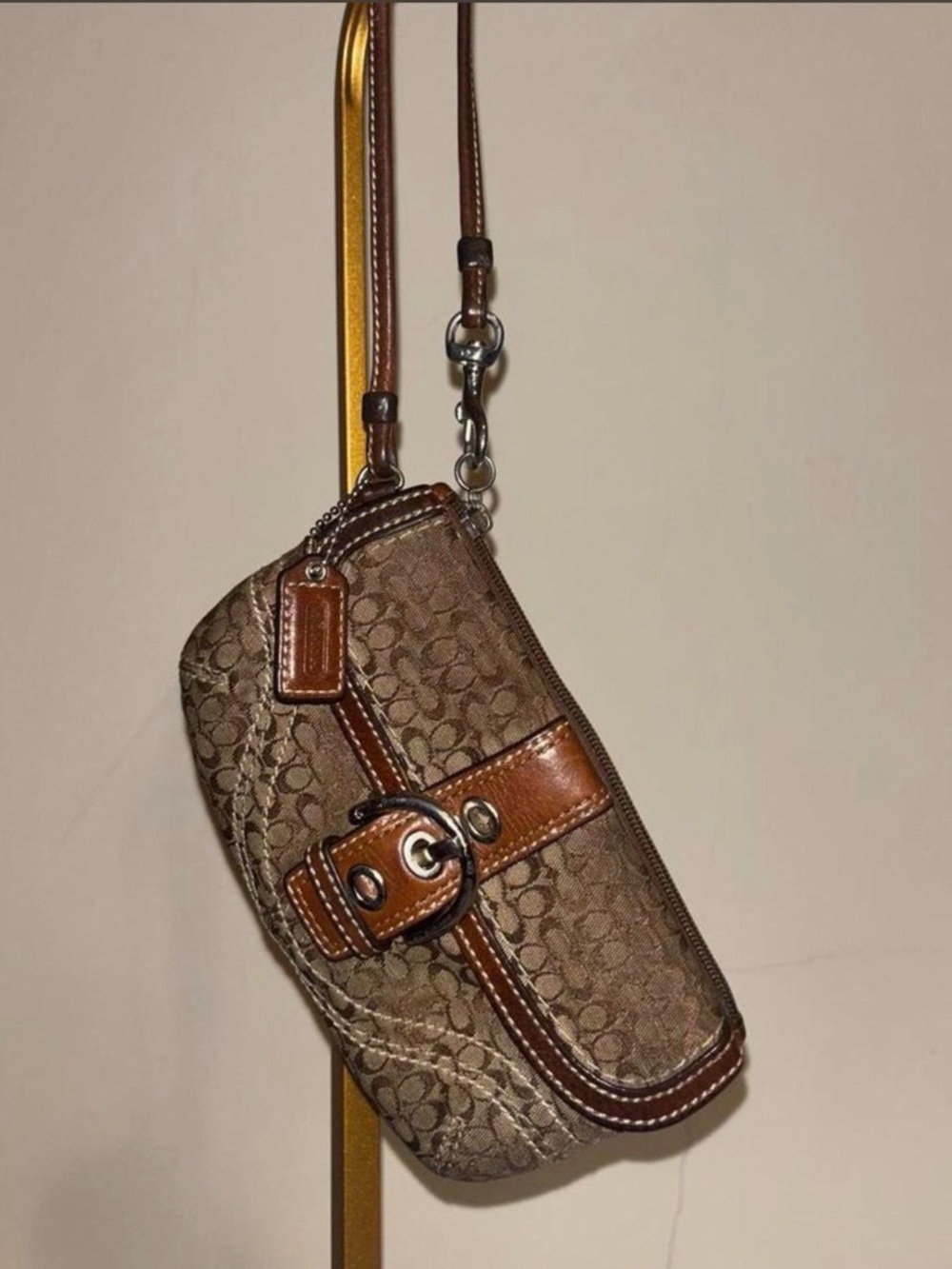 Coach Brown Signature Jacquard Clutch with Leather Trim